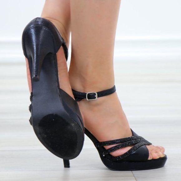 Shimmery Black Satin Platform Heeled Stiletto Sandal - Picture 8 of 11